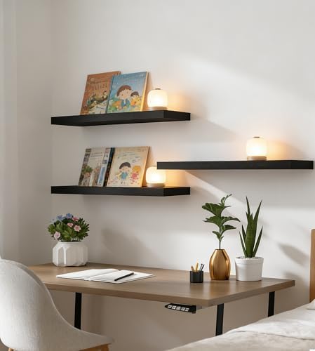 24 Inch Rustic Wood Floating Shelves Farmhouse Wooden Wall Shelves for Bathroom Bedroom Living Room Kitchen Office Set of 4 Black - Image 6