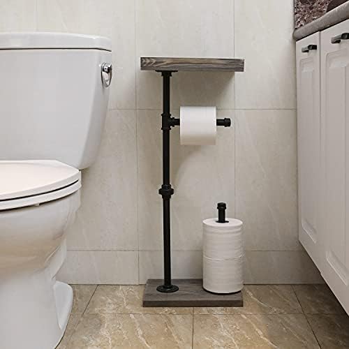 MyGift Freestanding Toilet Paper Holder Stand with Rustic Wood Shelf - Image 4