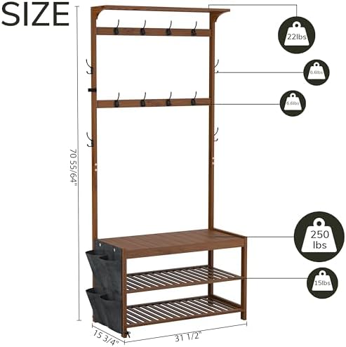 AMBIRD Hall Tree with bench and shoe storage, Entryway Bench with shoe storage, 6-in-1 Coat Rack with Cloth Bag and 12 Coat Hooks, Sturdy Bamboo Frame, Brown 31 * 15 * 70 Inches - Image 2