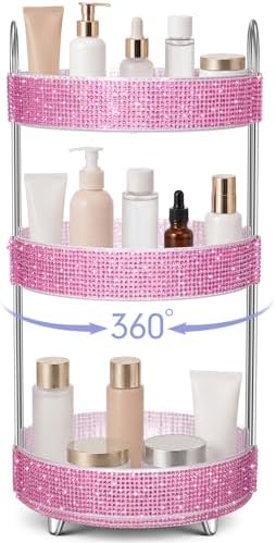 Honeydak Rotating Perfume Organizer Tray, 3 Tiers, Resin Diamond, Pink by Honeydak