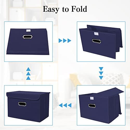 STOREONE Fabric Storage Cube Bins Foldable Organizer Container Collapsible Basket with Lids and Metal Handles, for Home, Bedroom, Closet 6 Pcs (Navy Blue) - Image 6