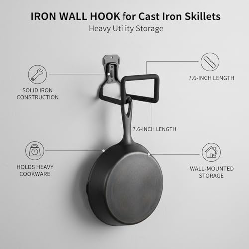 Heavy Duty Iron Wall Hook for Cast Iron Skillets, 7.6-Inch Utility Hanger for Garage and Kitchen Storage - Image 4