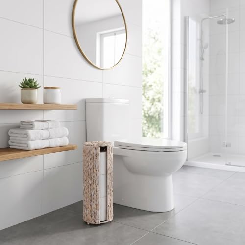 PINXIURY Water Hyacinth Paper Roll Holder, Wicker Toilet Paper Holder Stand for Bathroom, Toilet Roll Holder Stand for Bathroom and Under Sink, 3 Rolls of Toilet Paper Storage, Whitewash - Image 4