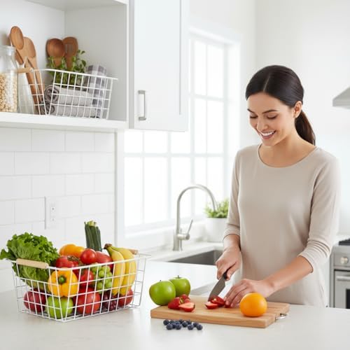 4 Pack White Metal Wire Food Storage Basket Organizer with Wooden Handles for Organizing Kitchen Cabinets Large - Image 3