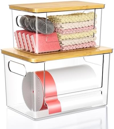 Trash Bag Dispenser 2 Pack, Stackable Trash Bag Holder with Bamboo Lid – Clear Plastic Garbage Bag Organizer for 4-33 Gal Bags, Space-Saving Under Sink Organizer for Kitchen, Laundry, Pantry by Foroyalife