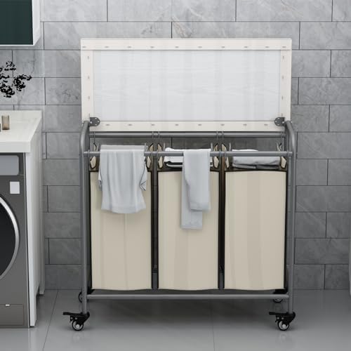 3 Bags Laundry Basket Sorter, Beige 135L Laundry Hamper, Ironing Board - Image 3