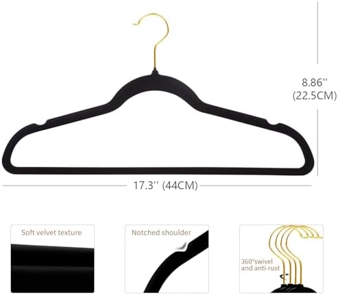 ManGotree Velvet Coat Hangers with 360° Swivel Gold Hook 66 Pack Black - Image 4