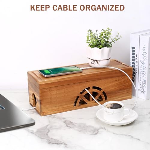 Wood Cable Management Box - 15.8" (L) x 6" (W) 5.5" (H) Acacia Wood Cable Hider Box, Cord Hider with Magnet Design & Outlet Hole, Power Strip Surge Protect & Organizer for Home Office Kitchen TV Wires - Image 2