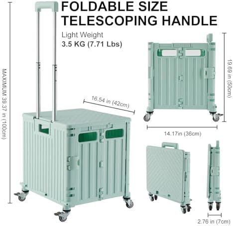 MACOPRO Folding Utility Cart Portable Rolling Crate Handcart Shopping Trolley Collapsible Tool Box, with Lid, Basket on 4 Rotate Wheels, for Grocery, Office, Teacher, Travel Shop Move Luggage (Green) - Image 4