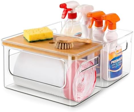 Hudgan 2 in 1 Acrylic Trash Bag Dispenser Under Sink, Garbage Bags Holder with Stackable Bamboo Top for Kitchen, Pantry, Laundry Room by HUDGAN