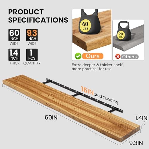 Floating Shelves for Wall, 60"x9.3" Rustic Solid Live-Edge Elm Wood Wall Shelves, Heavy-Duty Floating Shelves with Invisible Brackets for Living Room, Bedroom, and Kitchen, Natural Finish - Image 3