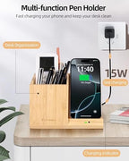 3-in-1 Bamboo Wireless Charger with Desk Organizer, Pen Holder for Desk - Image 5