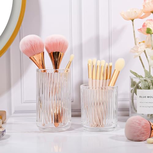 DASITON Makeup Brush Holder Organizer, Crystal Glass Makeup Brushes Storage Holder, Vintage Make Up Brush Cup for Vanity, Pen Pencil Holder for Desk, Toothbrush Holders for Bathroom (Clear SL) - Image 2