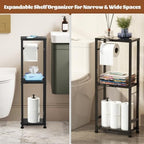 3-Tier Toilet Paper Holder Stand with Storage Shelf, Expandable Width 8.7"-13", Metal Freestanding Slim Floor Standing Toilet Tissue Rack Scroll Stand Roll Dispenser for Bathroom Narrow Space, Black - Image 3