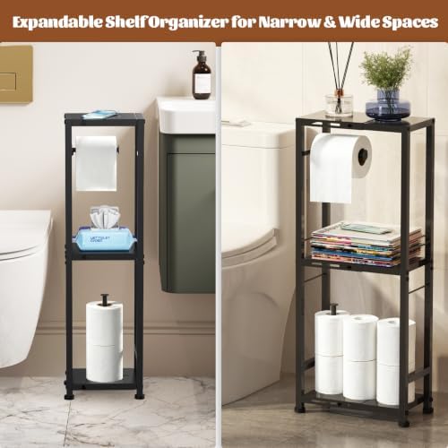 3-Tier Toilet Paper Holder Stand with Storage Shelf, Expandable Width 8.7"-13", Metal Freestanding Slim Floor Standing Toilet Tissue Rack Scroll Stand Roll Dispenser for Bathroom Narrow Space, Black - Image 3