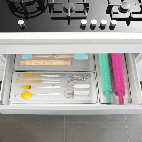6 Pcs Large Clear Plastic Drawer Organizers Tray 15" x 6.3" Storage Bins with 25 Pcs Non-Slip Pads for Makeup, Jewelries, Kitchen Utensils, Bathroom and Office - Image 4