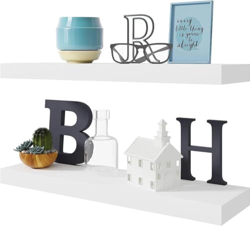 BAMEOS Floating Wall Shelves 24 x 6 Inch – Easy-Install Hanging Shelves with Hardware Included | Modern Decor Shelf for Bathroom, Bedroom & Living Room Storage, Set of 2, White by BAMEOS