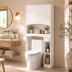 VINGLI Over-the-Toilet Storage Cabinet, 31.5" W White Bathroom Space Saver with Fluted Curved Doors, Adjustable Shelf, Reversible Side Shelving, Toilet Paper Holder and Anti-Tip Kit by VINGLI