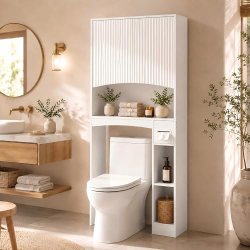 VINGLI Over-the-Toilet Storage Cabinet, 31.5" W White Bathroom Space Saver with Fluted Curved Doors, Adjustable Shelf, Reversible Side Shelving, Toilet Paper Holder and Anti-Tip Kit by VINGLI