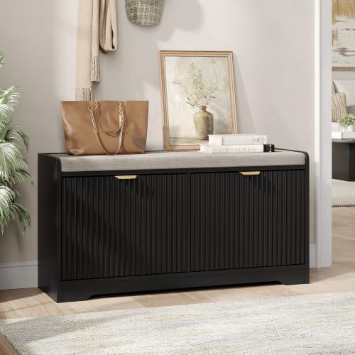 Maupvit 39.4" Fluted Shoe Bench with Storage, Narrow Entryway Bench, Black - Image 6