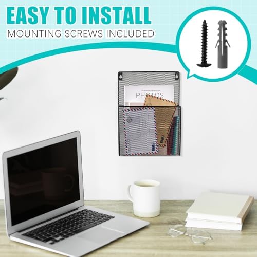 AmazingSpark 2 Pcs 12 Inch Metal Wall Magazine Holder High Pocket Mesh Hanging File Organizer Wall Mounted Storage Rack with Screws for Magazines Documents File for Office Home Organization(1.2 Inch) - Image 6