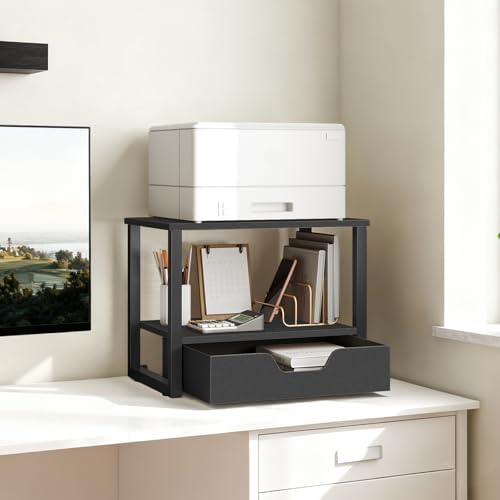 YATINEY Desktop Printer Stand, 2-Tier Printer Table with Non-Woven Drawer, Multi-Purpose Desk Organizer for Home Office, Under Desk Open Organizer Shelf, Black PS01BB - Image 2
