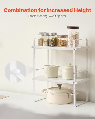 VEVOR Adjustable Kitchen Cabinet Shelf Organizer, Expandable 2 Tier Cabinet Shelf, Stackable Countertop Organizers and Storage Risers, Pantry for Kitchen Bathroom Office, White - Image 4