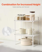 VEVOR Adjustable Kitchen Cabinet Shelf Organizer, Expandable 2 Tier Cabinet Shelf, Stackable Countertop Organizers and Storage Risers, Pantry for Kitchen Bathroom Office, White - Image 4