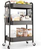 TOOLF 3 Tier Rolling Cart, Metal Utility Storage Cart with Pegboard, Black by TOOLF