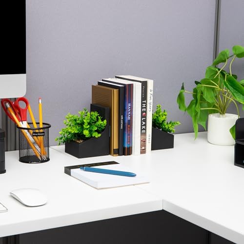 Mind Reader Contemporary Planter Bookends, Book Holders with Faux Greenery, Decorative Desktop or Shelf Organizer, Cement, Set of 2, Black - Image 5
