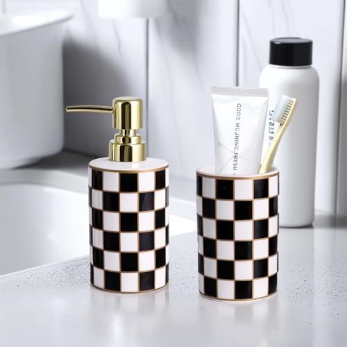 Bathroom Toothbrush Holder Set, Ceramic Checkered Soap Dispenser and Tooth Brush Holder Set, Modern Bathroom Accessories Sets Countertop, Black and White Checkered Bathroom Decor Set (Black) - Image 3