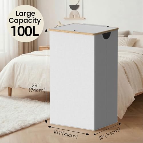 efluky Laundry Basket with Lid and Removable Bag, 100L Tall Laundry Hamper with Bamboo Handles, Aesthetic Dirty Clothes Bin for Laundry Room, Bathroom, Bedroom and Dorm, Light Grey - Image 2