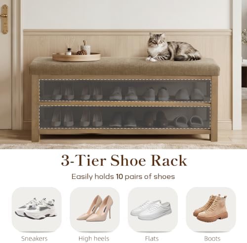 Zihanhome Shoe Rack Bench with Cushion, 2 Tier Solid Wood Storage Bench, Mid-Century Modern Shoe Bench for Entryway, Hallway, Closet, Front Door Entrance, Foyer (Brown, 46.5") - Image 6