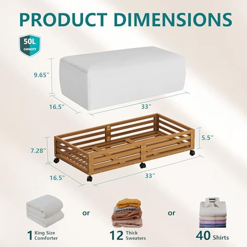 Wisuce 2 Packs Bamboo Under Bed Storage Organizer with Wheels Black Large - Image 2