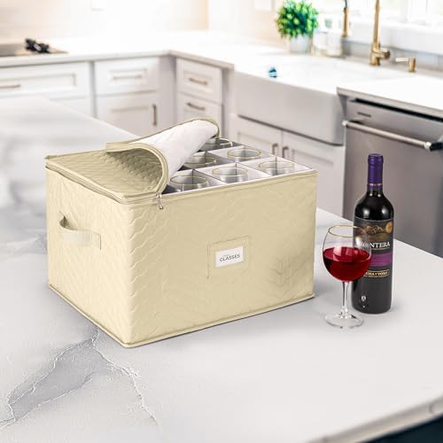 Sorbus Stemware Storage Containers, Divided Case (Quilted Stemware, Beige) - Image 3