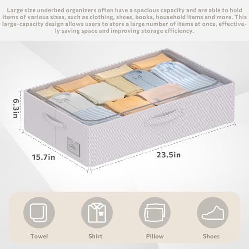 CYhom 3Pcs Under Bed Storage Bins with Metal Frame - Shoe Organizer for Closet with Clear Cover Oxford Fabric Sturdy Underbed Container Foldable Stackable Clothes Organizer (Grey, 23.5x15.7x6.3) - Image 5