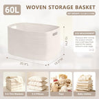 60L Woven Laundry Basket Hamper with Handles, White - Image 2
