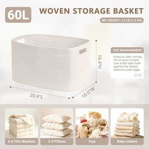 60L Woven Laundry Basket Hamper with Handles, White - Image 2