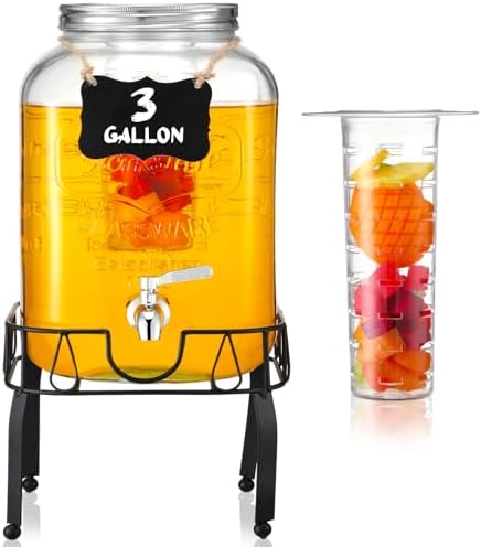 FillTouch 3 Gallon Drink Dispenser with Stand Glass Beverage Dispenser Drink Dispensers with Lid 18/8 Stainless Steel Spigot for Picnics, BBQ, Parties and Daily (Chalkboard Style,Metal Stand) by FillTouch