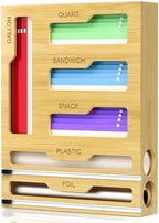 6 in 1 Storage Bag Organizer for Kitchen Drawer, Bamboo Foil and Plastic Wrap Dispenser With Cutter, Food Baggie for Drawer, Plastic Bag for Gallon, Quart, Sandwich, Snack by Home