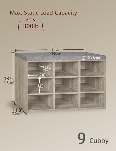 DINZI LVJ Shoe Storage Bench with Cushion, 31.5" Cubby Shoe Rack, 9 Cubbies - Image 3