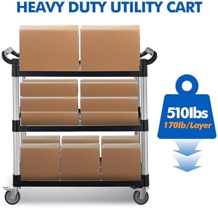 Utility Rolling Carts with Wheels, Large Size Plastic Service Carts, Heavy Duty Restaurant Cart with 4 Lockable Brake Wheels for Kitchen/Office/Warehouse (3 Tier - 34×17×37inches / 510lbs) - Image 3