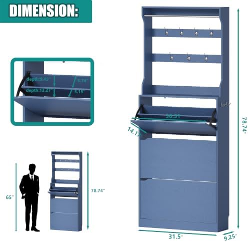Shoe Cabinet for Entryway with 3 Flip Drawers, Blue Tall Shoe Storage Cabinet with Coat Rack, Wood Narrow Slim Hidden Freestanding Shoe Rack Organizer, 2 in 1 Hall Tree for Living Room, Hallway - Image 2