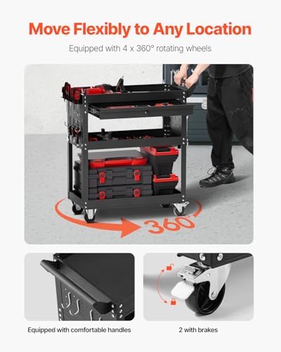 VEVOR 4-Tier Tool Cart with Wheels, 350 lbs Load Capacity, Rolling Work Cart with Drawer & Pegboard, Mechanic Tool Storage Organizer with Locking System for Garage, Warehouse and Repair Shop, Black - Image 4