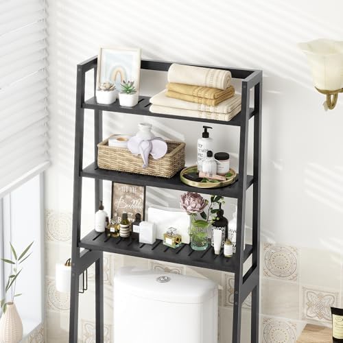 MallKing Over-The-Toilet Storage Rack, Wooden 3-Tier Over-The-Toilet Storage Rack Bathroom Space Saver Organizer, Freestanding Above Toilet with Toilet Paper Holder and Hooks (Black) - Image 3