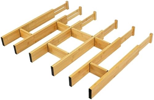 EcoFives Adjustable Bamboo Drawer Dividers with Inserts, Expandable Spring-Loaded Drawer Organizer for Kitchen, Clothes, Tools, Silverware, Bamboo Organizer Separators - 6 Large Pieces by EcoFives