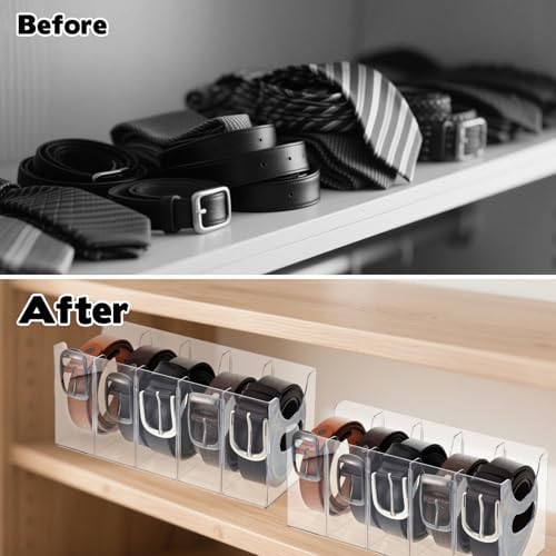 3 Pack Acrylic Belt Organizer Clear Stackable Belt Storage Holder Purse Organizer for Closet - 5 Compartments with Removable Dividers,Display Case Pantry Cabinet Organizers for Ties,Socks,Underwear - Image 3