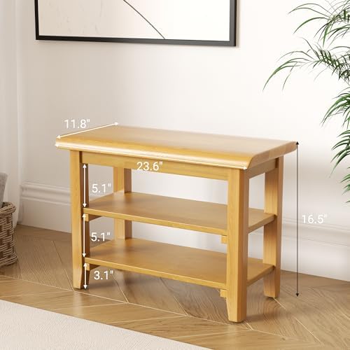 Shoe Rack Bench Mid Century Modern 2-Tier Shoe Rack Organizer for Entryway Hallway or Living Room Farmhouse Rustic Wooden Seat Bench Natural 11.8" Dx23.6 Wx16.5 H - Image 2