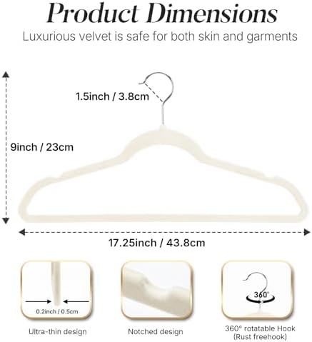 HOUSE DAY Ivory Velvet Hangers 50 Pack, Non Slip Clothes Hangers 17.25 inch - Image 6