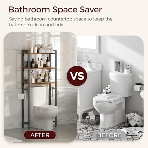 MAHANCRIS Over The Toilet Storage Rack, 3 Tier Bathroom Organizer Over Toilet, Freestanding Space Saver Toilet Stand with 2 Hooks, Bathroom Storage Shelf, Easy to Assemble, Rustic Brown TSHR6001 - Image 6